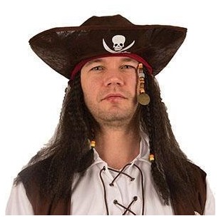 Tricorne pirate simili cuir avec cheveux