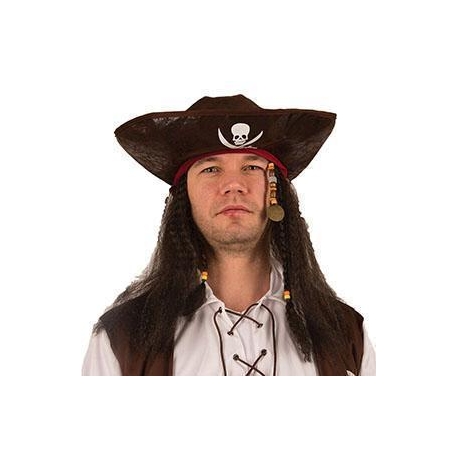 Tricorne pirate simili cuir avec cheveux