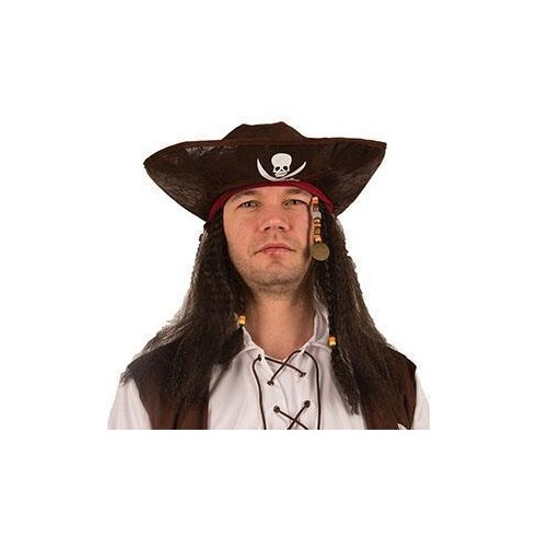 Tricorne pirate simili cuir avec cheveux