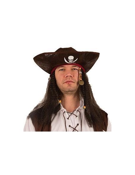 Tricorne pirate simili cuir avec cheveux