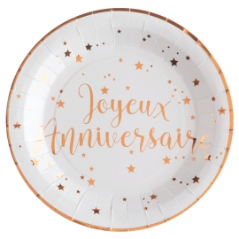 10 Assiettes Joyeux Anniversaire métallisé - Rose gold