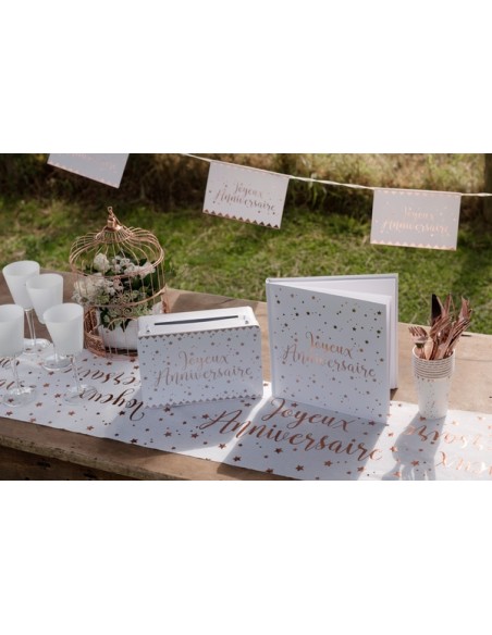 Chemin de table Joyeux Anniversaire métallisé - Rose gold