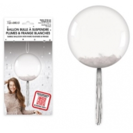 Ballon bulle transparent plumes et franges argent