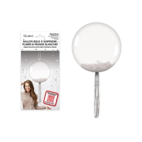 Ballon bulle transparent plumes et franges argent