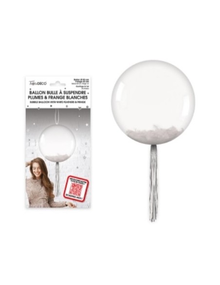 Ballon bulle transparent plumes et franges argent