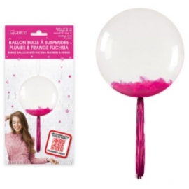 Ballon bulle transparent plumes et franges fuchsia