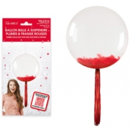 Ballon bulle transparent plumes et franges rouge