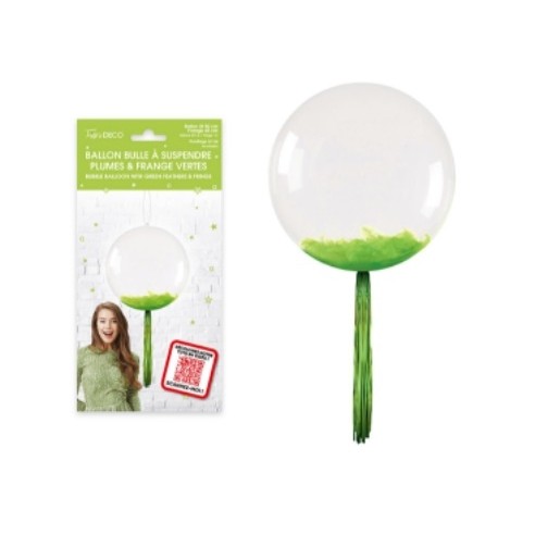 Ballon bulle transparent plumes et franges rose gold