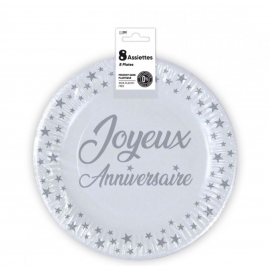 8 assiettes anniversaire 23cm - blanc