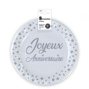 10 Assiettes Joyeux Anniversaire métallisé - Sauge