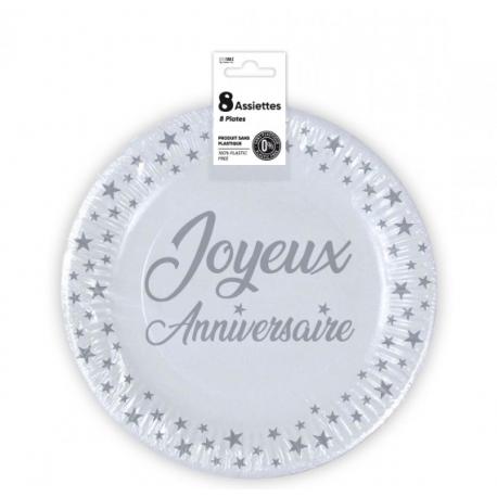 10 Assiettes Joyeux Anniversaire métallisé - Sauge