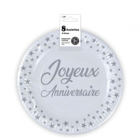 10 Assiettes Joyeux Anniversaire métallisé - Sauge