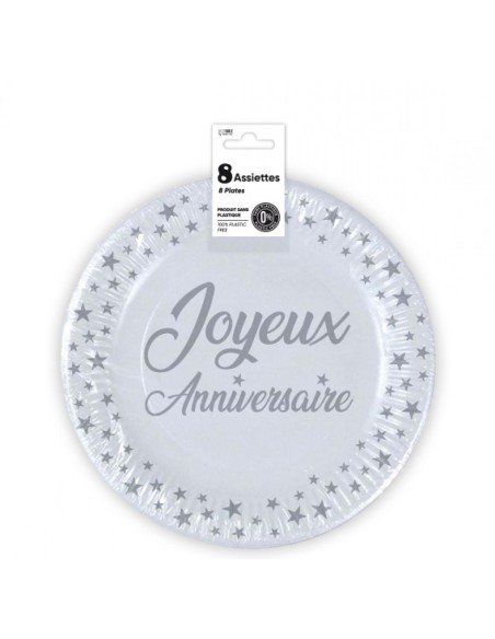 10 Assiettes Joyeux Anniversaire métallisé - Sauge