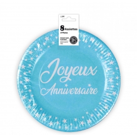 8 assiettes anniversaire 23cm - bleu