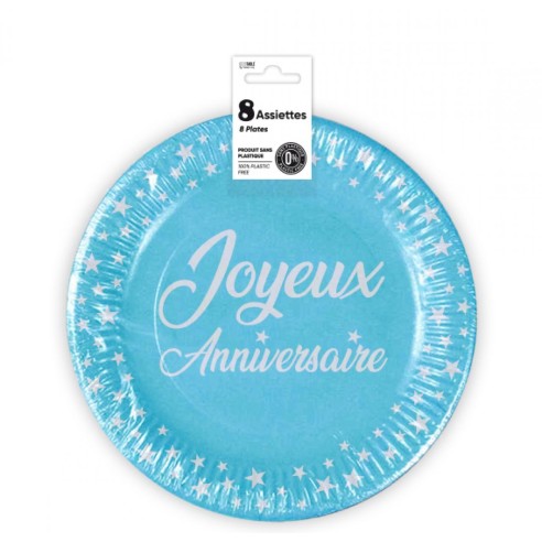 8 assiettes anniversaire 23cm - blanc
