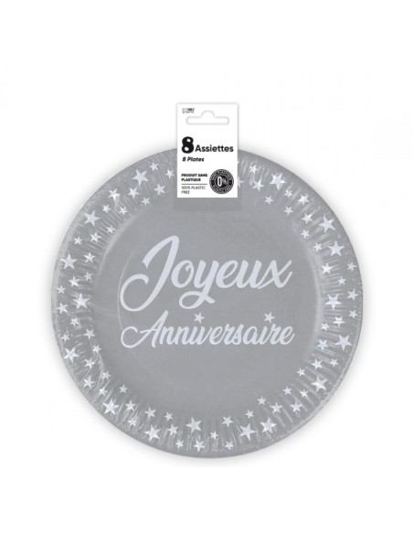 8 assiettes anniversaire 23cm - fuchsia