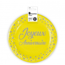 8 assiettes anniversaire 23cm - gris