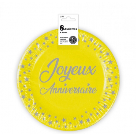 8 assiettes anniversaire 23cm - jaune