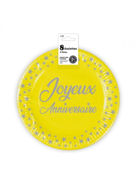 8 assiettes anniversaire 23cm - gris