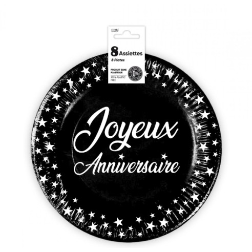 8 assiettes anniversaire 23cm - jaunbe