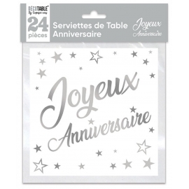 24 serviettes Anniversaire métallisé - Argent