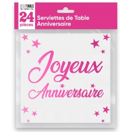 24 serviettes Anniversaire métallisé - Fuchsia