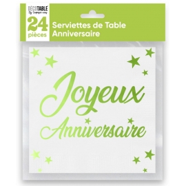 24 serviettes Anniversaire métallisé - Vert