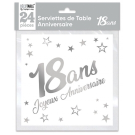 24 serviettes Anniversaire métallisé - Argent