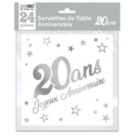 24 serviettes Anniversaire métallisé argent - 20 ans