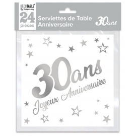 24 serviettes Anniversaire métallisé argent - 20ans