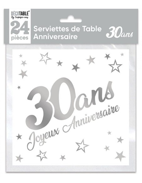24 serviettes Anniversaire métallisé argent - 20ans