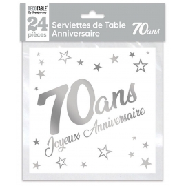 24 serviettes Anniversaire métallisé argent - 70 ans