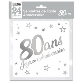 24 serviettes Anniversaire métallisé argent - 80 ans