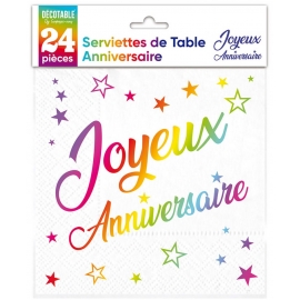 24 serviettes Anniversaire métallisé - Multicolore