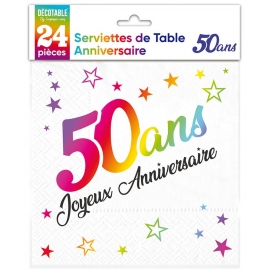 24 serviettes Anniversaire métallisé multi - 50 ans