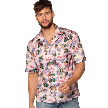 Chemise hawaïenne flamant rose