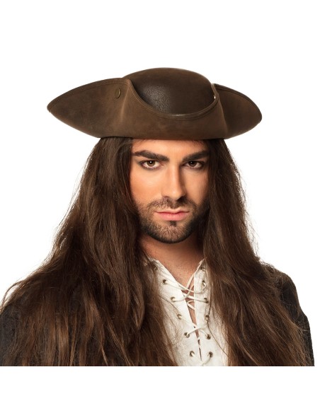 Tricorne pirate simili cuir avec cheveux