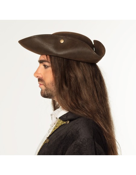 Tricorne pirate simili cuir avec cheveux