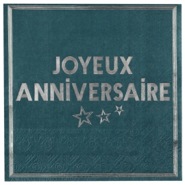 20 serviettes joyeux anniversaire  bleu canard
