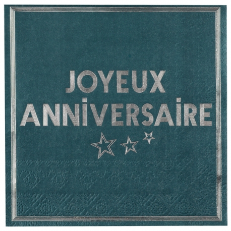 20 serviettes joyeux anniversaire métallisé - Bleu