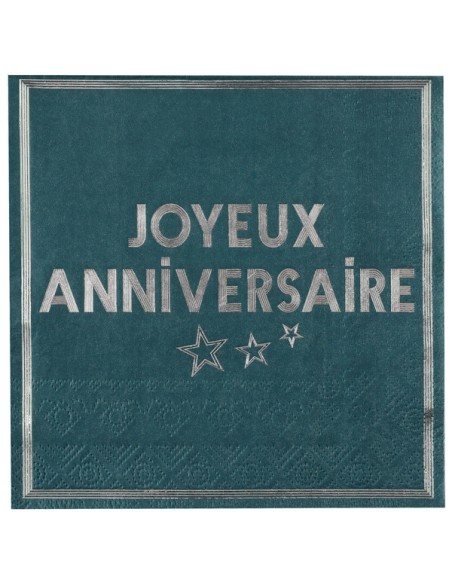20 serviettes joyeux anniversaire métallisé - Bleu