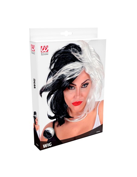 Perruque Cruella bicolore blanche et noir pour déguisement adulte