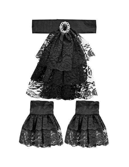 Jabot dentelle noire avec bijou et poignets assortis pour marquis