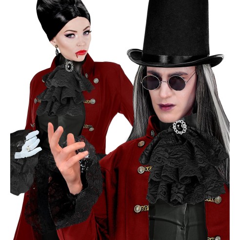 Jabot dentelle noire avec bijou et poignets assortis pour marquis