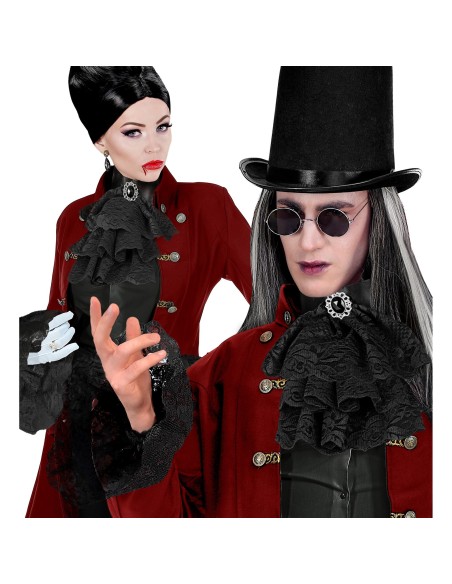 Jabot dentelle noire avec bijou et poignets assortis pour marquis