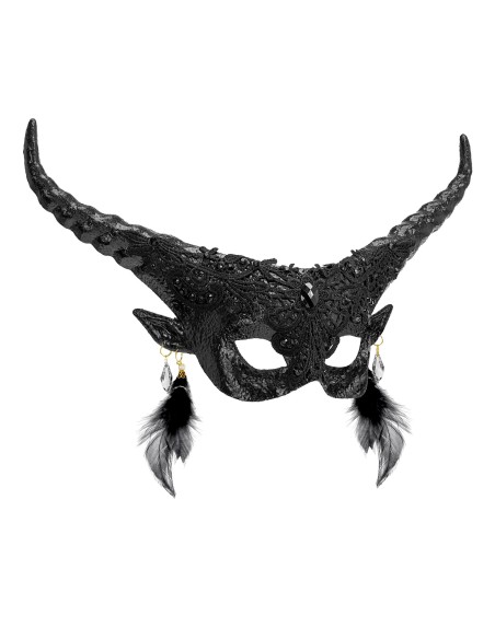 Masque diable noir luxe avec plumes pour costume de théâtre