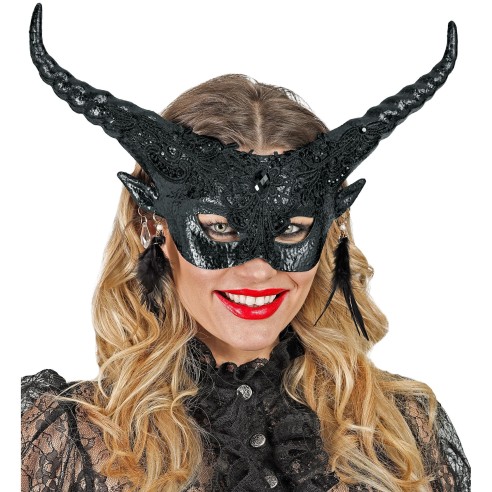 Masque diable noir luxe avec plumes pour costume de théâtre
