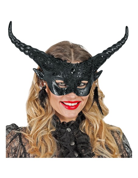 Masque diable noir luxe avec plumes pour costume de théâtre