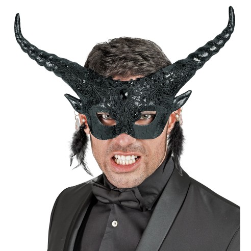 Masque diable noir luxe avec plumes pour costume de théâtre