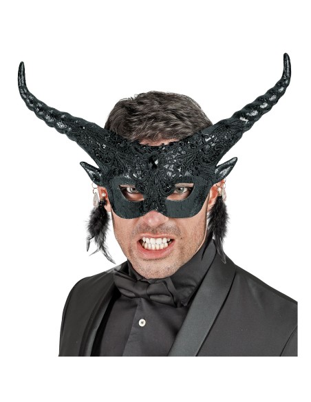 Masque diable noir luxe avec plumes pour costume de théâtre